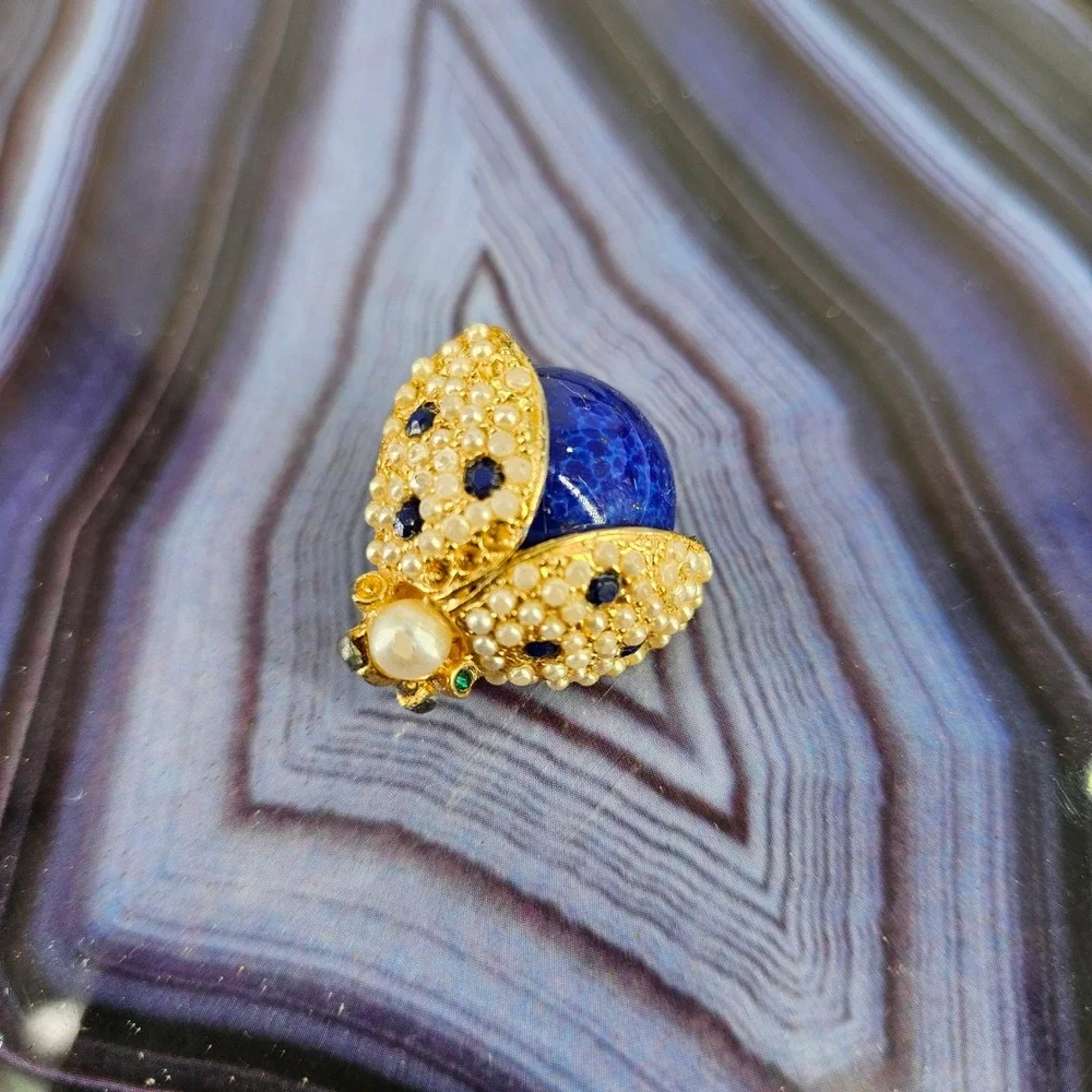 Carlyle Vintage Gold Tone Ladybug Brooch Faux Pearl‎ Blue Lapis Cabochon Beetle